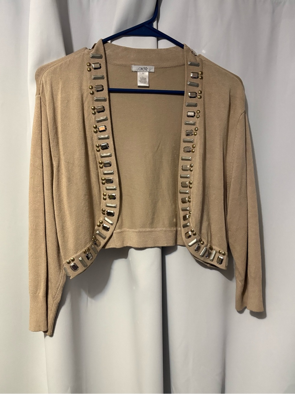 Cache Beige Cropped Open-Front Cardigan with Metallic Stud Trim